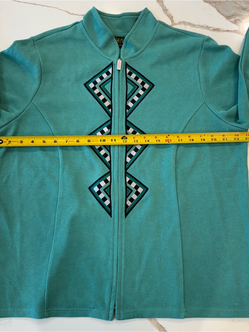 Bob Mackie Wearable Art Teal Checkered Embroidered Zip Jacket 1X Plus - Picture 5 of 7